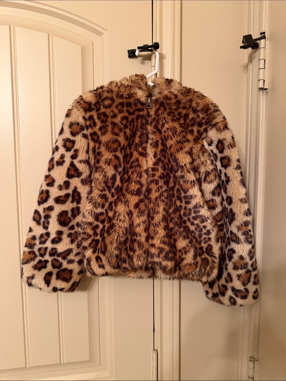 Splendid Girls Leopard Faux Fur Jacket with hood - Brown/Grey jersey inside